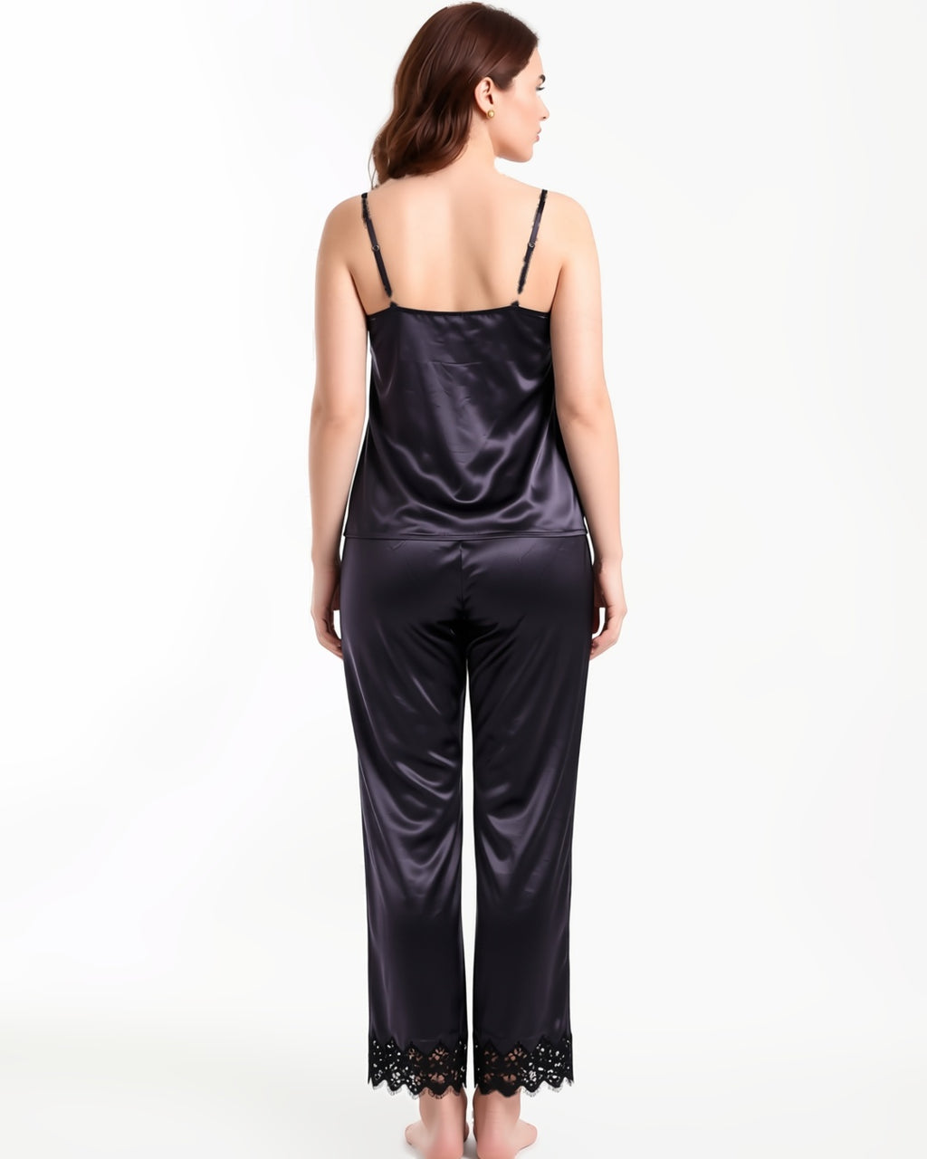Satin Cami and Trousers Pyjama Set with Eyelash Lace in Black, back view on model Layla (EUP-W04). onmodel