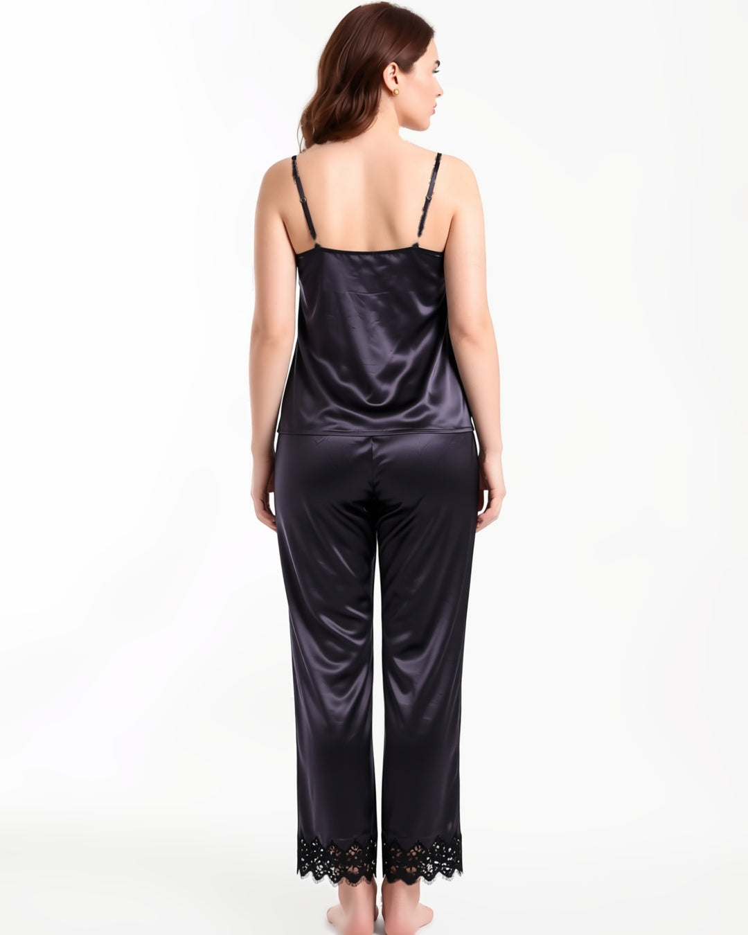 Satin Cami and Trousers Pyjama Set with Eyelash Lace in Black, back view on model Layla (EUP-W04). onmodel