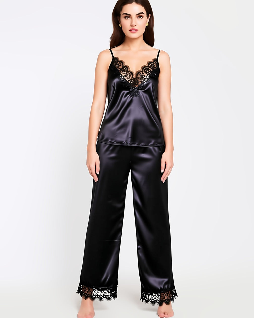 Satin Cami and Trousers Pyjama Set with Eyelash Lace in Black, front view on model Layla (EUP-W04). onmodel