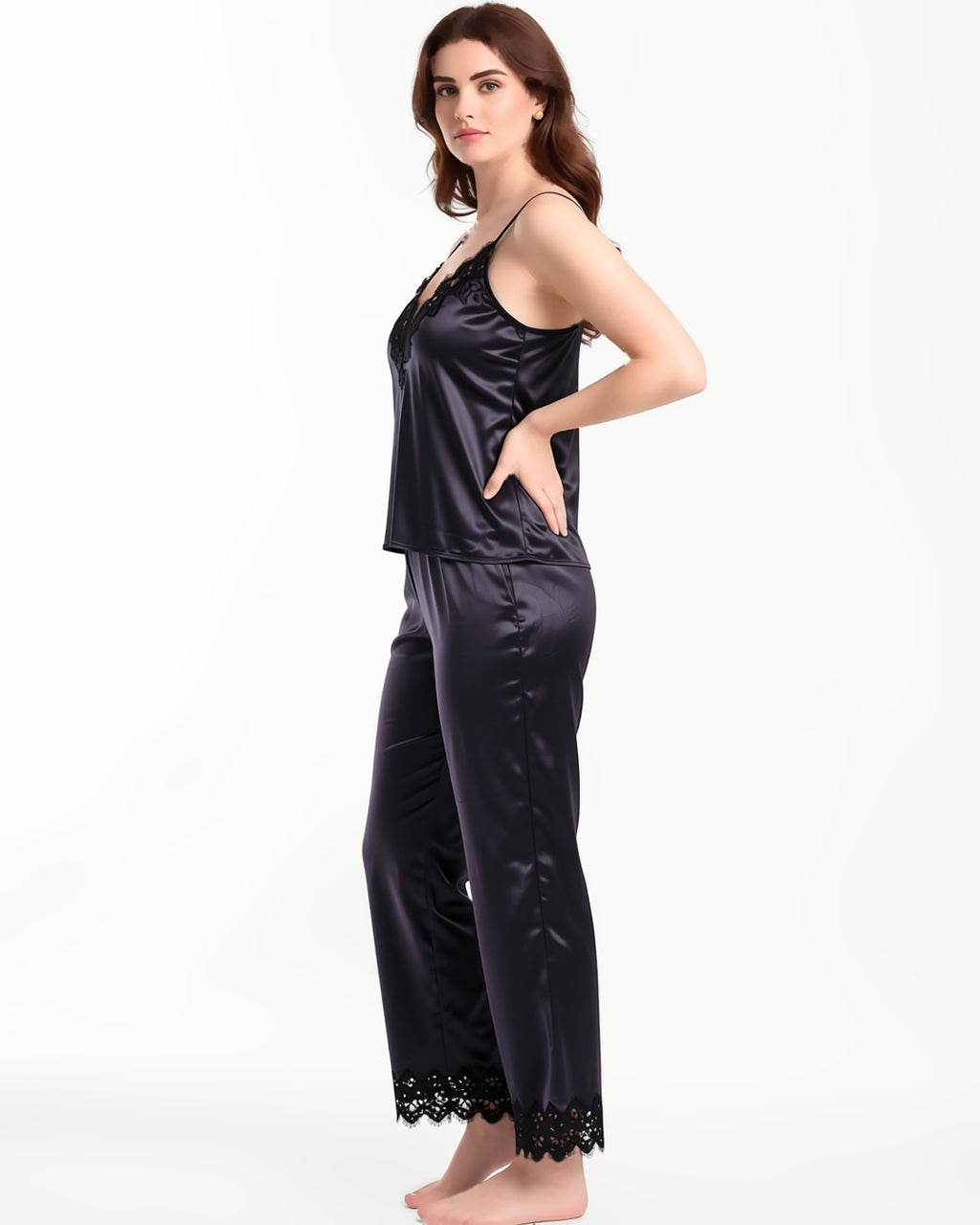 Satin Cami and Trousers Pyjama Set with Eyelash Lace in Black, three-quarter view on model Layla (EUP-W04). onmodel