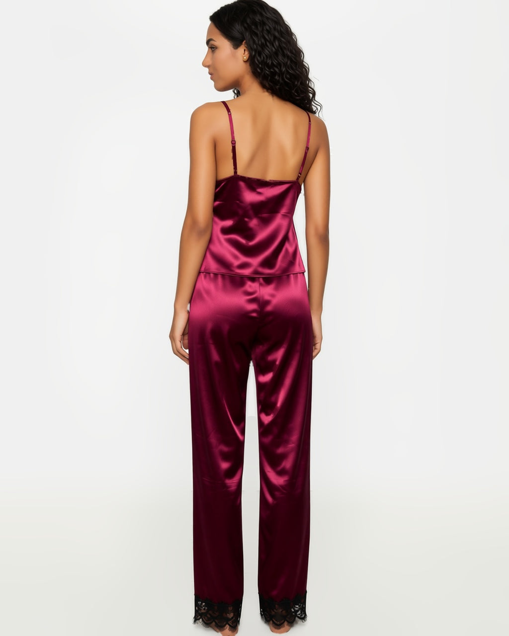 Satin Cami and Trousers Pyjama Set with Eyelash Lace in Burgundy, back view on model Yasmin (EUP-W08). onmodel