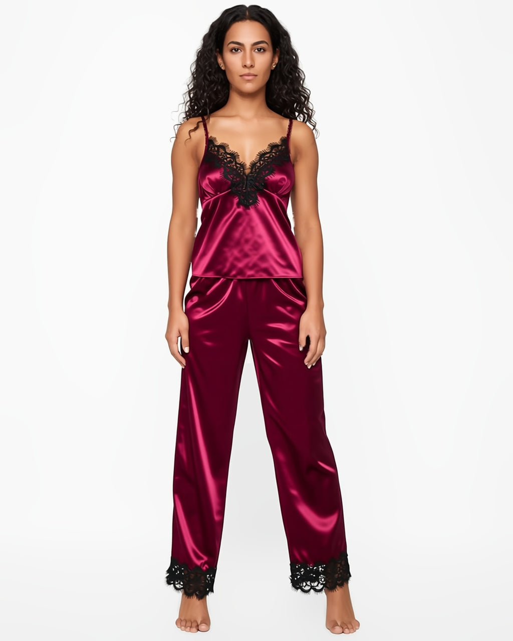 Satin Cami and Trousers Pyjama Set with Eyelash Lace in Burgundy, front view on model Yasmin (EUP-W08). onmodel