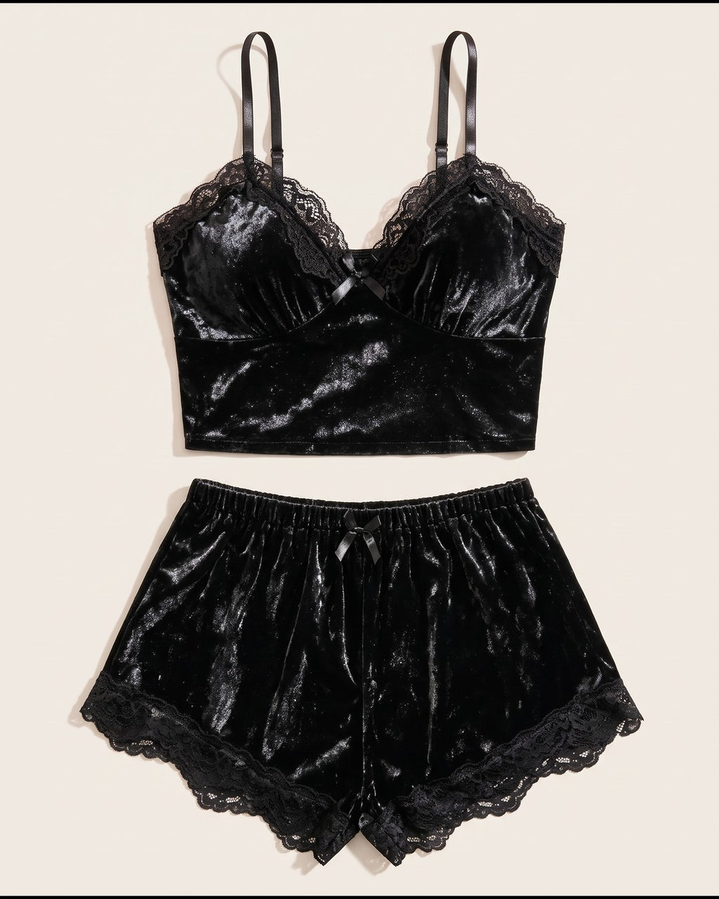 Crushed Velvet Bralette and Shorts Set in Black, laid flat to show the full piece.
