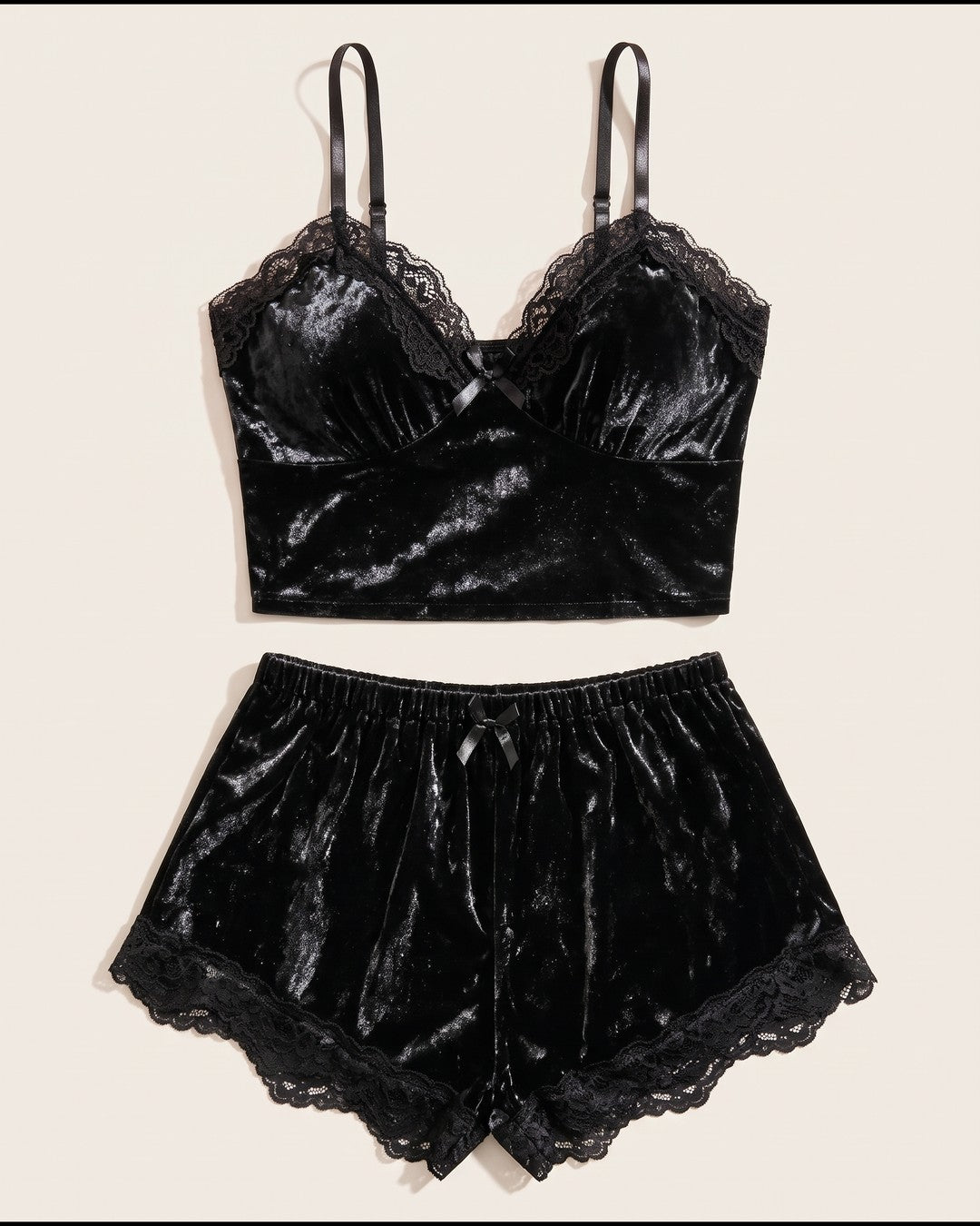 Crushed Velvet Bralette and Shorts Set in Black, laid flat to show the full piece.