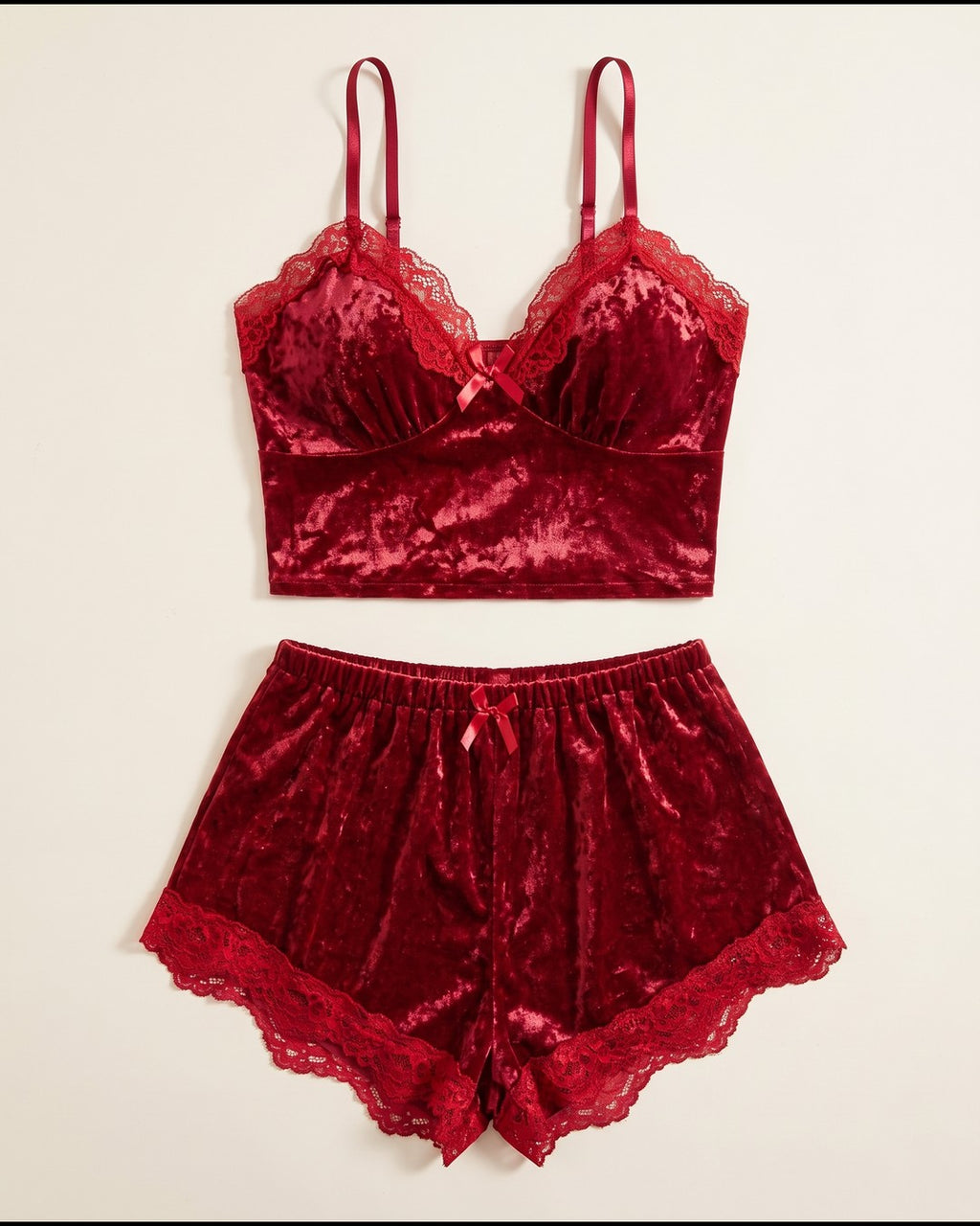 Crushed Velvet Bralette and Shorts Set in Burgundy, laid flat to show the full piece.