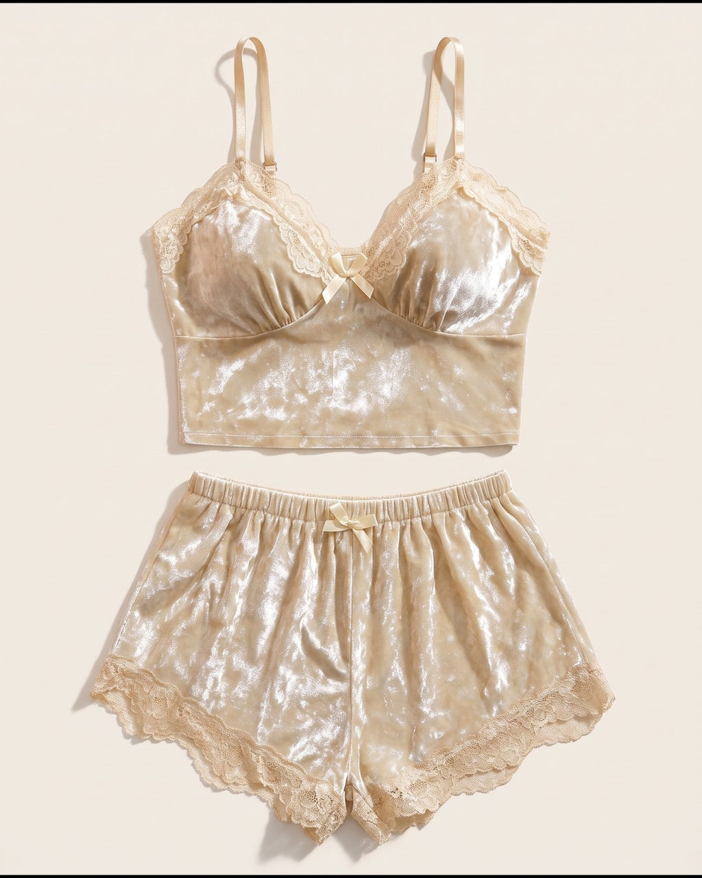 Crushed Velvet Bralette and Shorts Set in Champagne, laid flat to show the full piece.