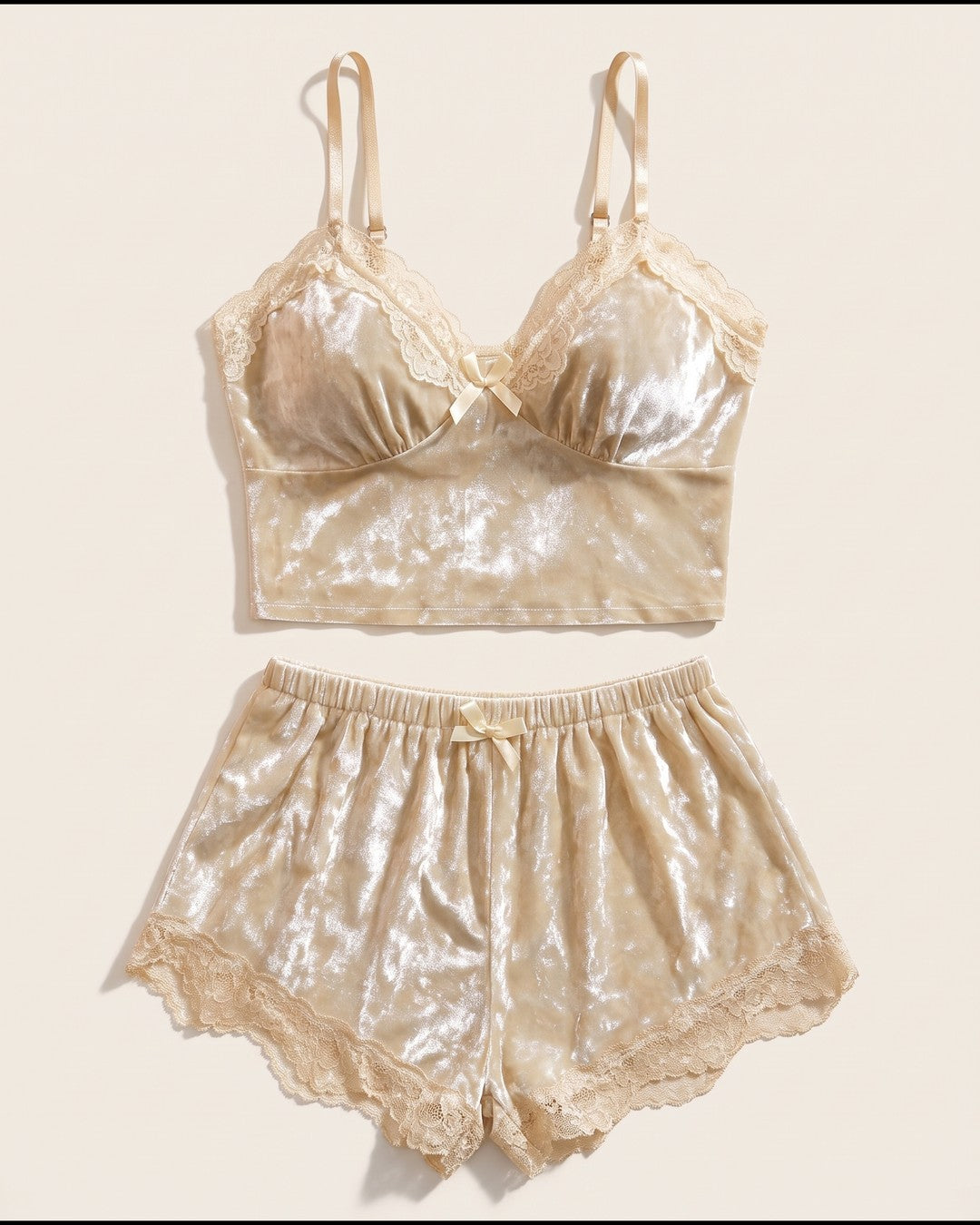 Crushed Velvet Bralette and Shorts Set in Champagne, laid flat to show the full piece.