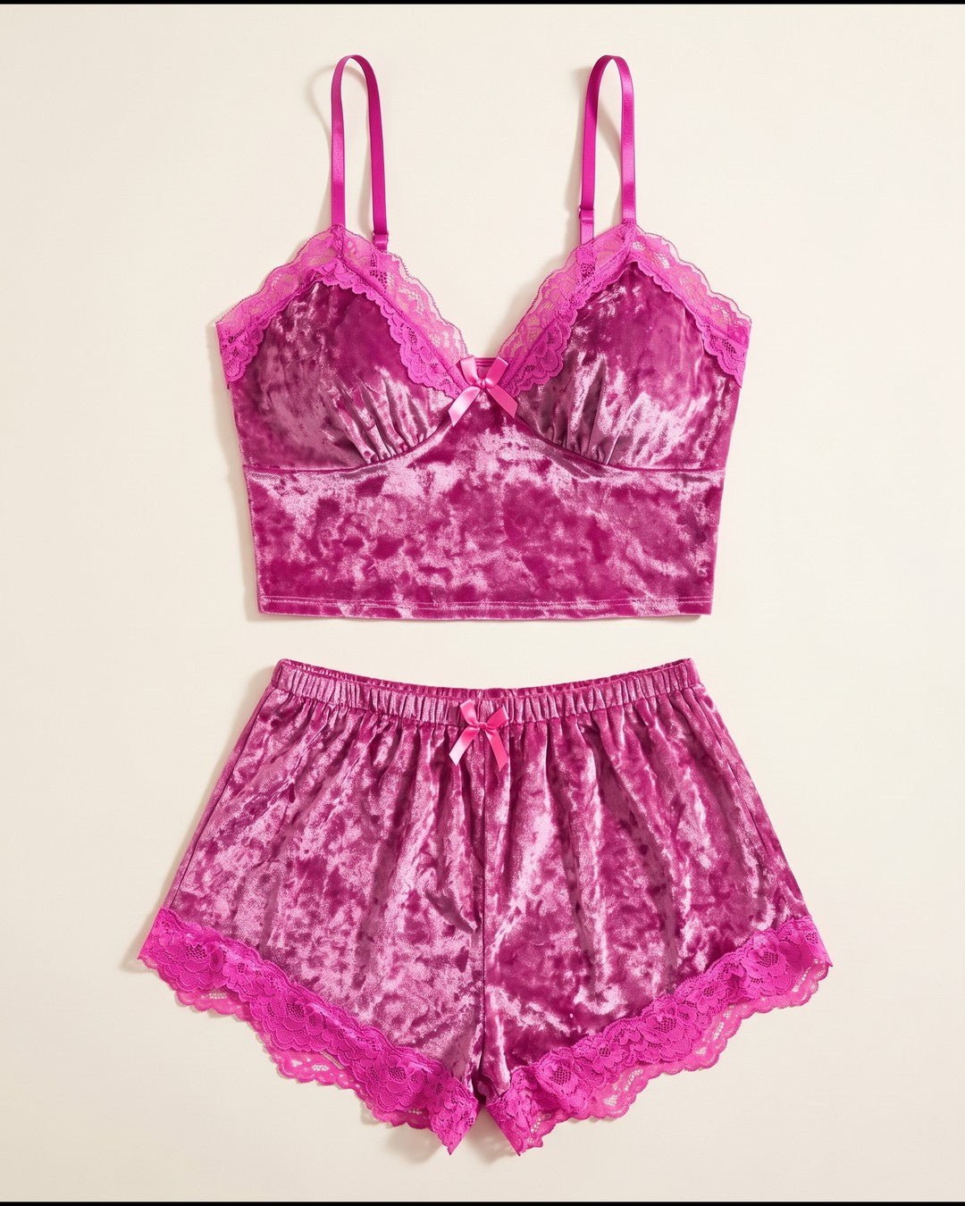 Crushed Velvet Bralette and Shorts Set in Fuchsia, laid flat to show the full piece.