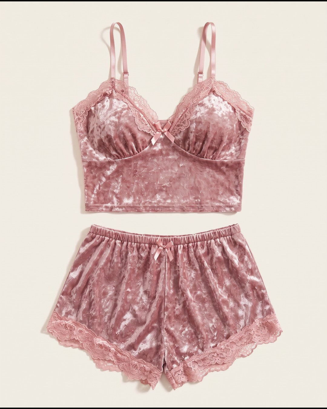 Crushed Velvet Bralette and Shorts Set in Lotus Pink, laid flat to show the full piece.