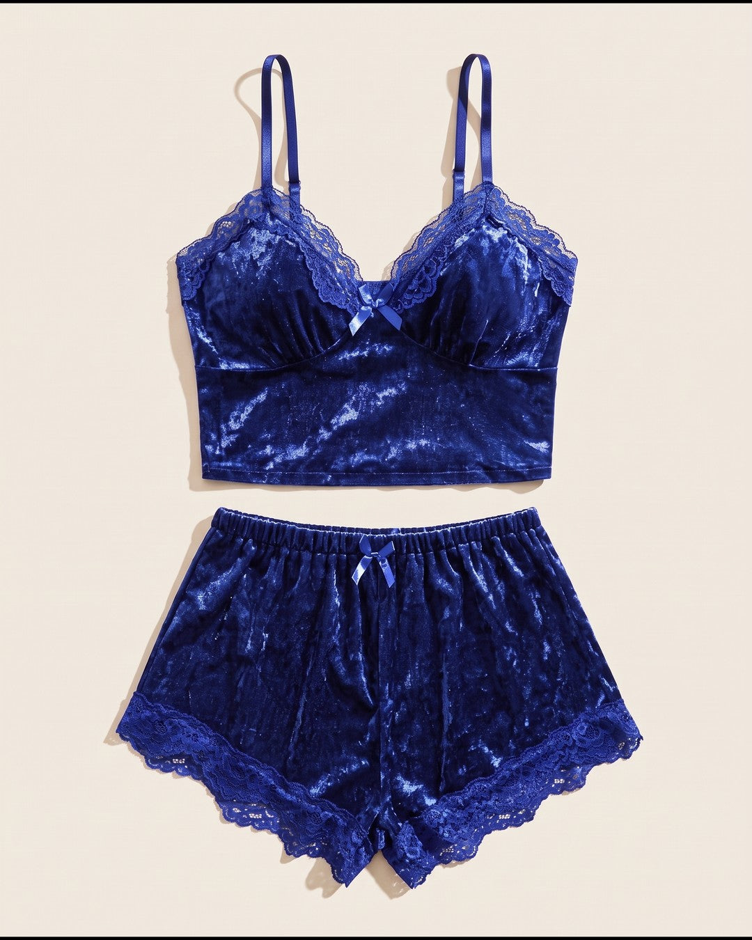 Crushed Velvet Bralette and Shorts Set in Royal Blue, laid flat to show the full piece.