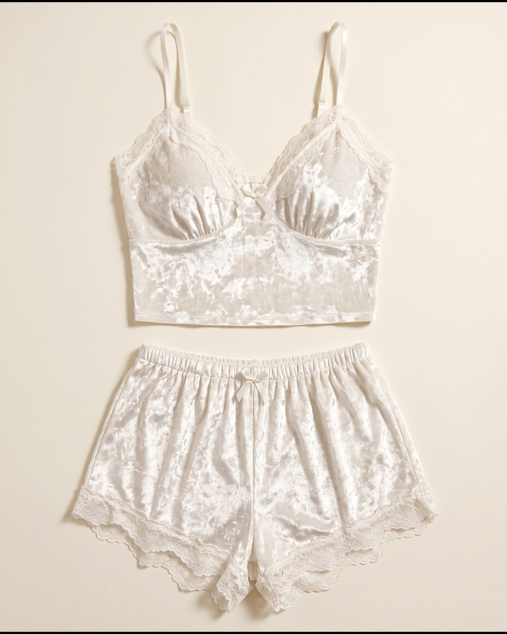 Crushed Velvet Bralette and Shorts Set in White, laid flat to show the full piece.