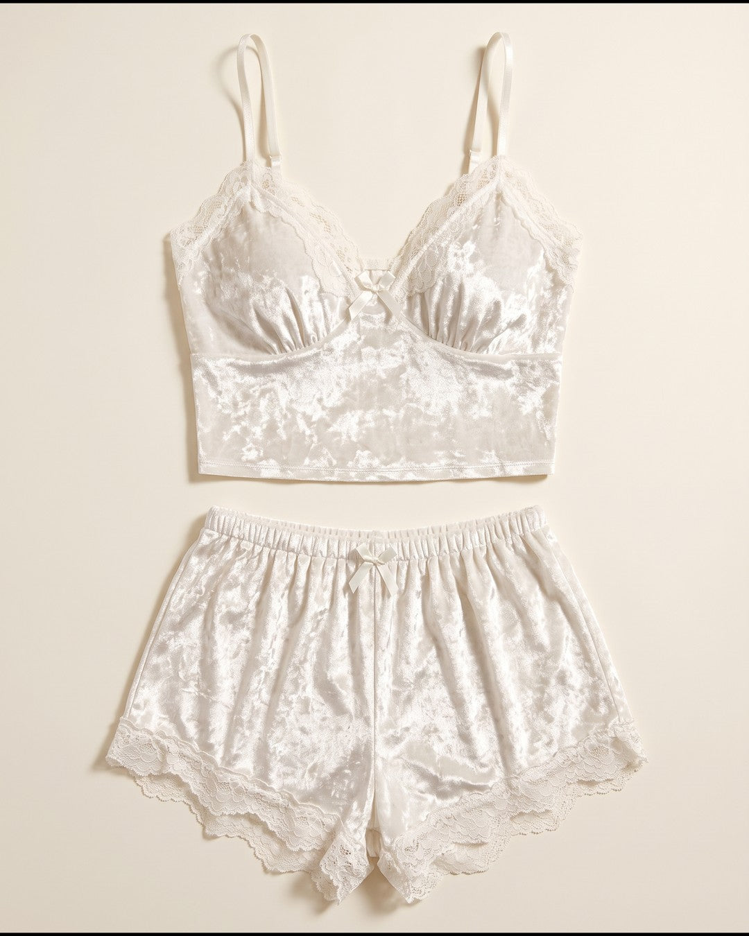 Crushed Velvet Bralette and Shorts Set in White, laid flat to show the full piece.