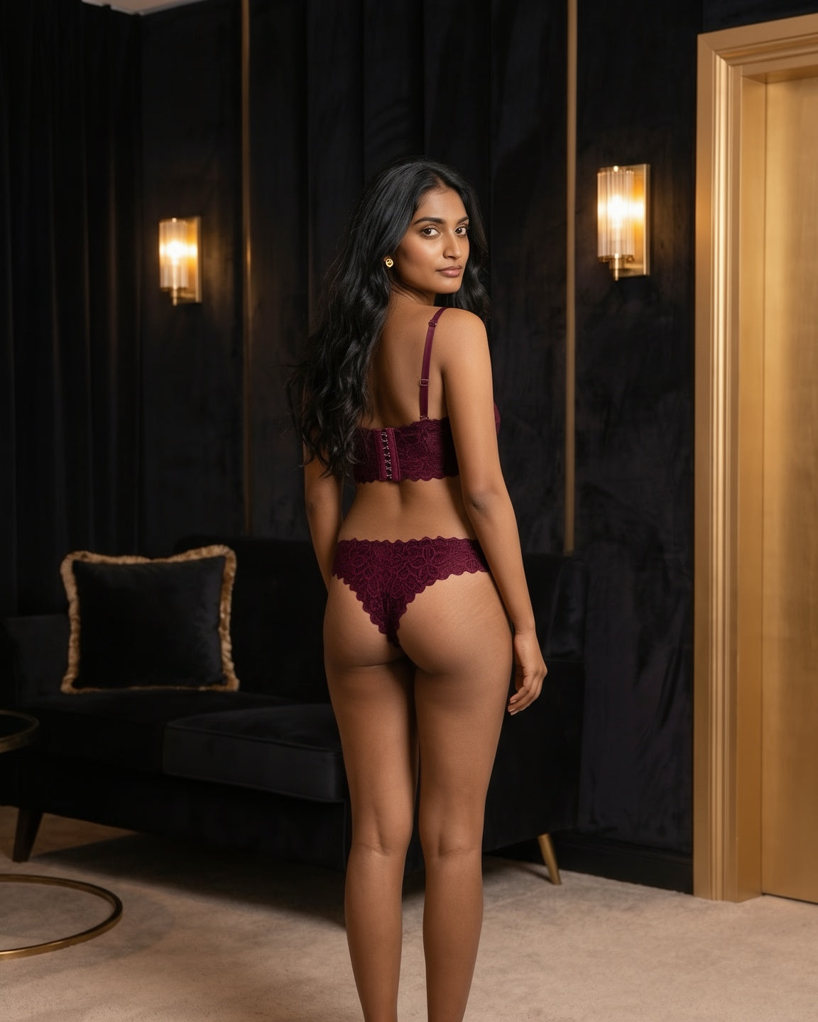 Scalloped Lace Bralette and Thong Set in Burgundy, back view over the shoulder on model Maya (EUP-W06). onmodel