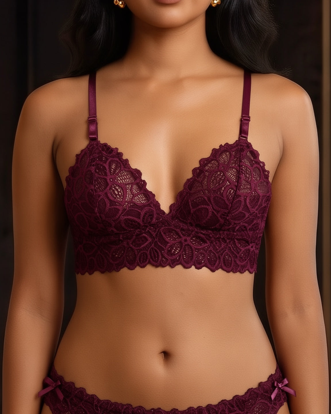 Scalloped Lace Bralette and Thong Set in Burgundy, close-up of the bralette on model Maya (EUP-W06). onmodel