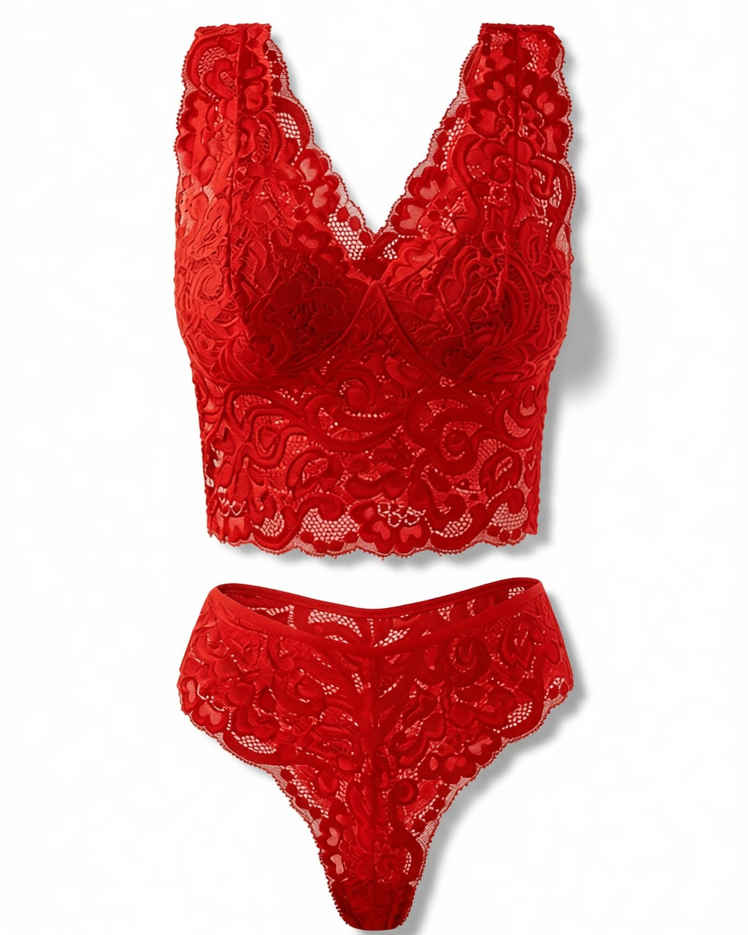 Red Floral Lace Camisole and Panty Set, laid flat to show the full piece.