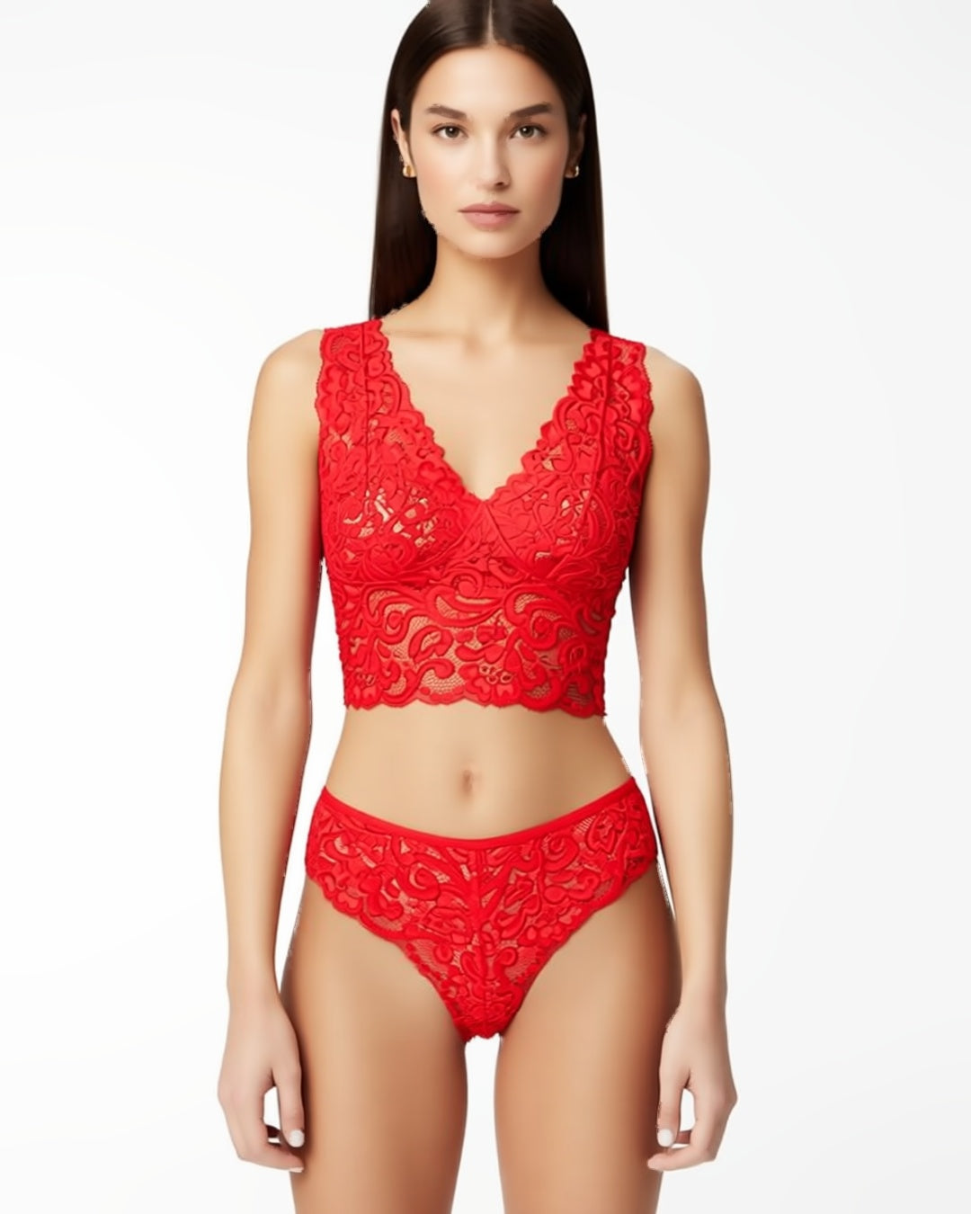 Red Floral Lace Camisole and Panty Set, front view on model Nour (EUP-W01). onmodel