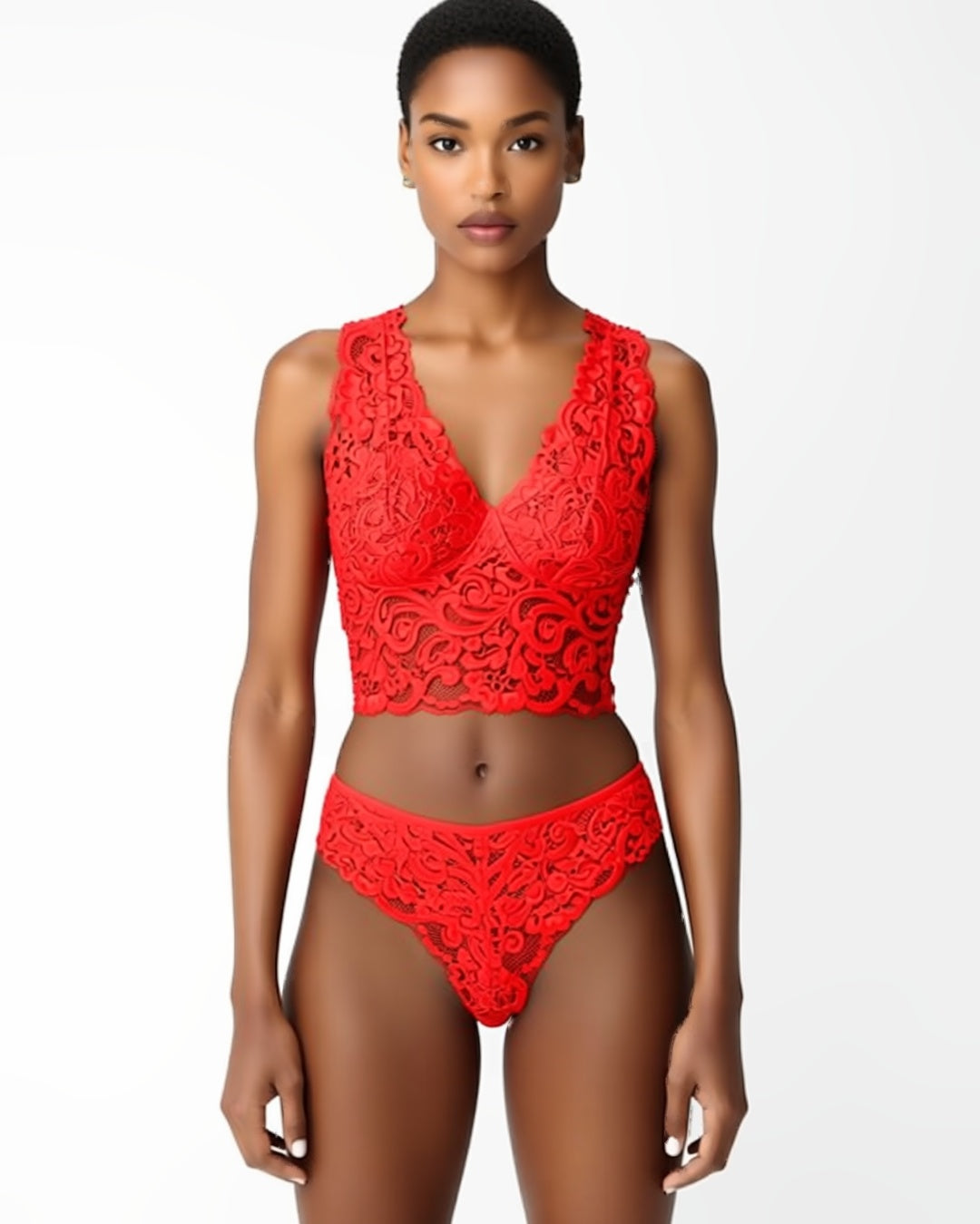 Red Floral Lace Camisole and Panty Set, front view on model Amira (EUP-W03). onmodel
