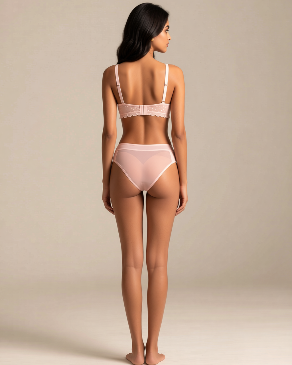 Heart Lace Wire-Free Padded Bra Set in Pink, back view on model Maya (EUP-W06).