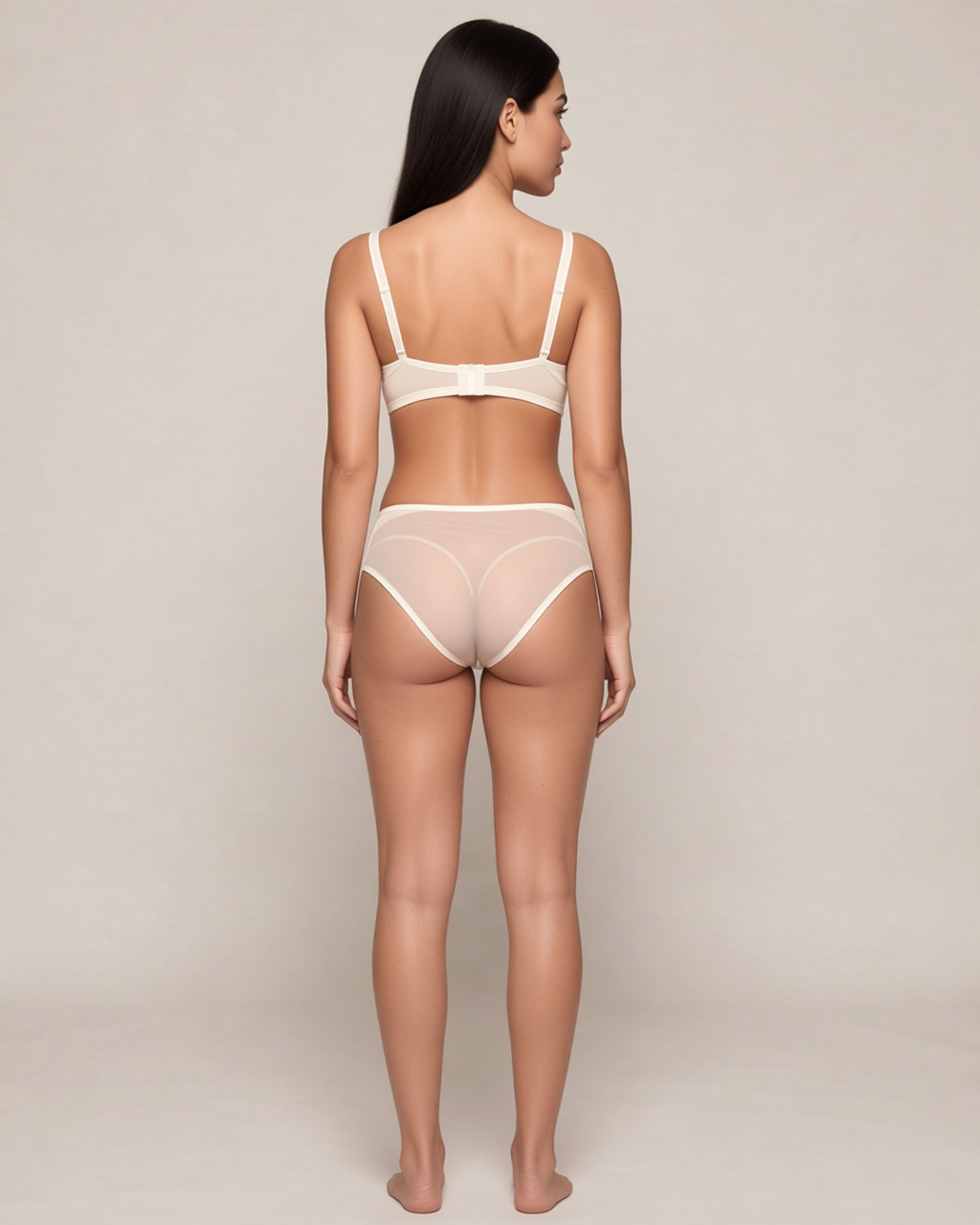 Heart Lace Wire-Free Padded Bra Set in Beige, back view on model Dana (EUP-W09).