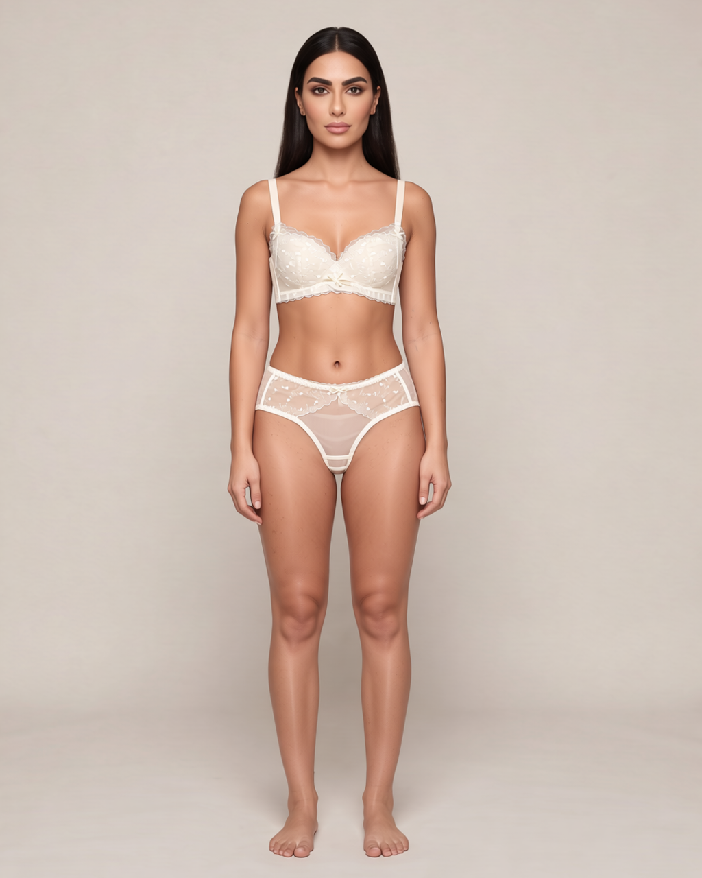 Heart Lace Wire-Free Padded Bra Set in Beige, front view on model Dana (EUP-W09).