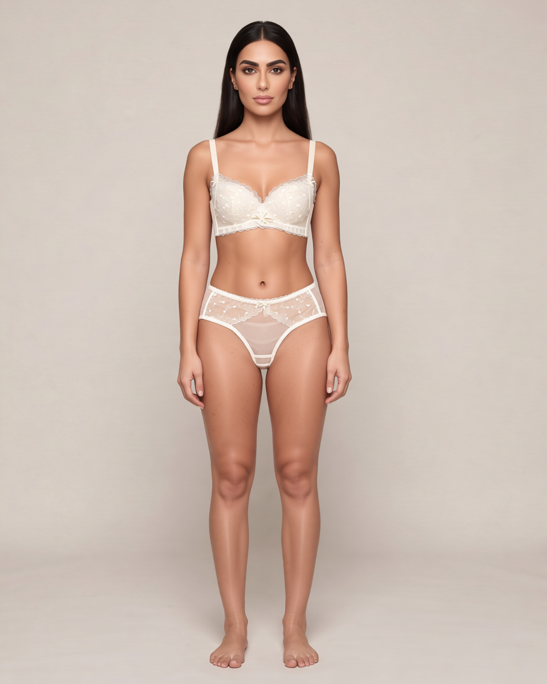 Heart Lace Wire-Free Padded Bra Set in Beige, front view on model Dana (EUP-W09).