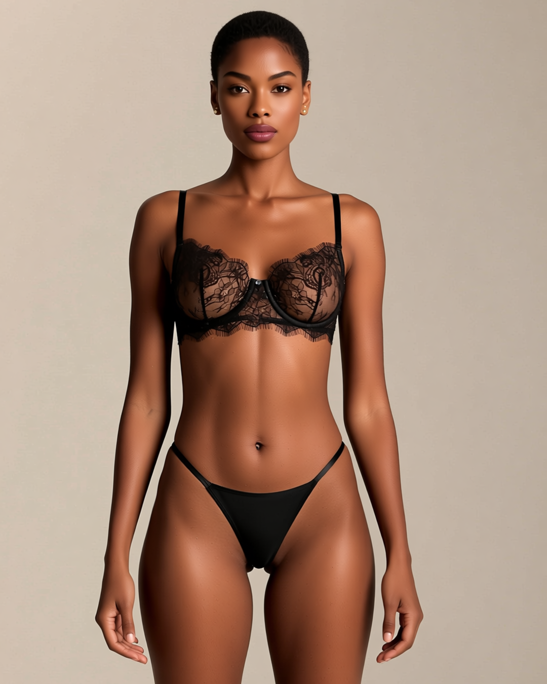 Thin Embroidered Lace Underwire Bra Set in Black, front view on model Amira (EUP-W03). The pasties are styling only.