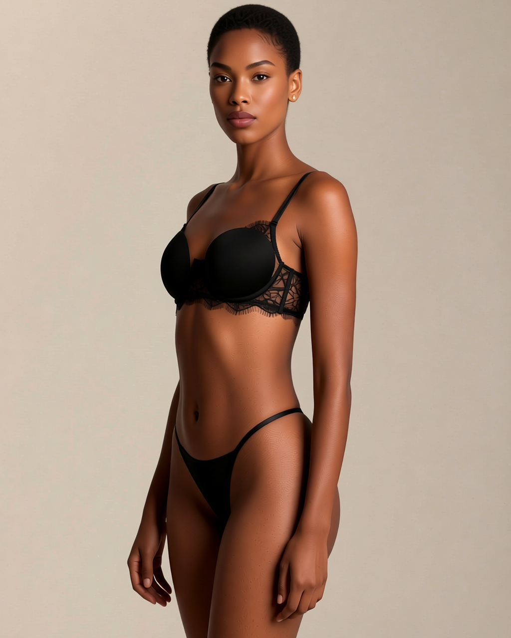 Thin Embroidered Lace Underwire Bra Set in Black, three-quarter view on model Amira (EUP-W03). The pasties are styling only.