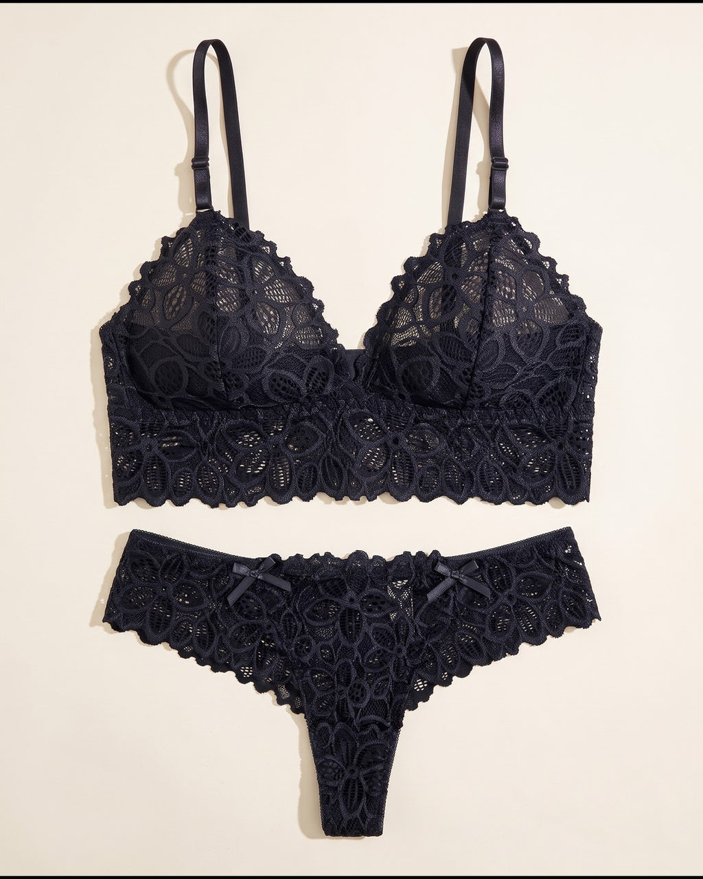 Scalloped Lace Bralette and Thong Set in Black, laid flat to show the full piece.