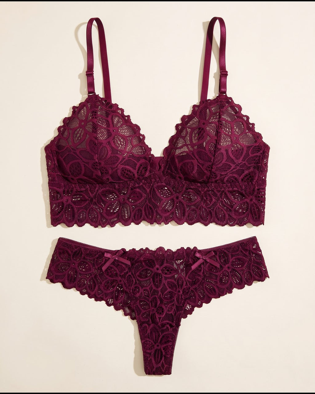 Scalloped Lace Bralette and Thong Set in Burgundy, laid flat to show the full piece.