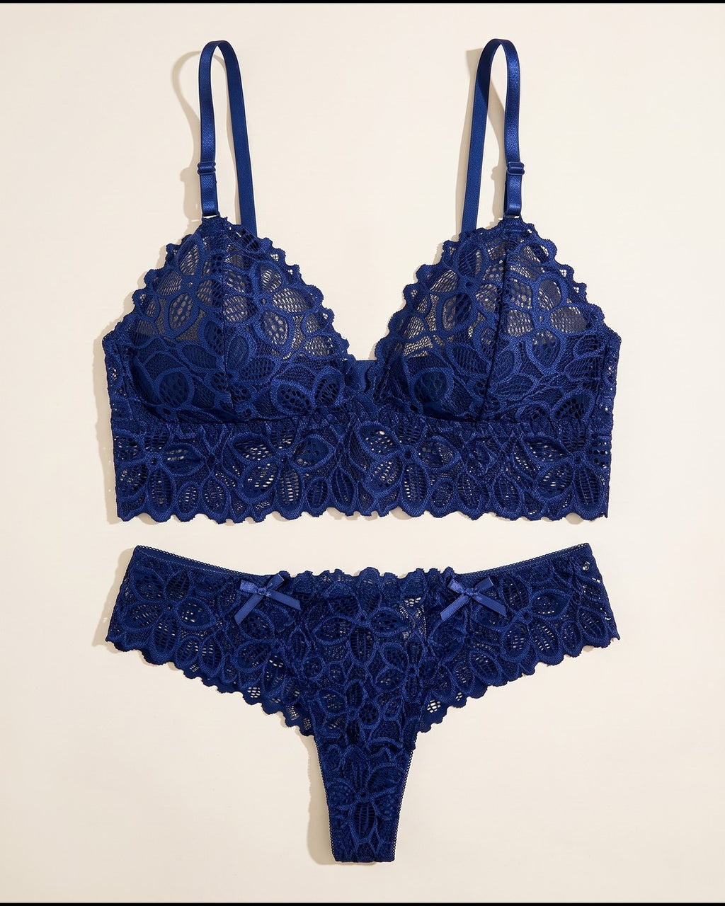Scalloped Lace Bralette and Thong Set in Royal Blue, laid flat to show the full piece.