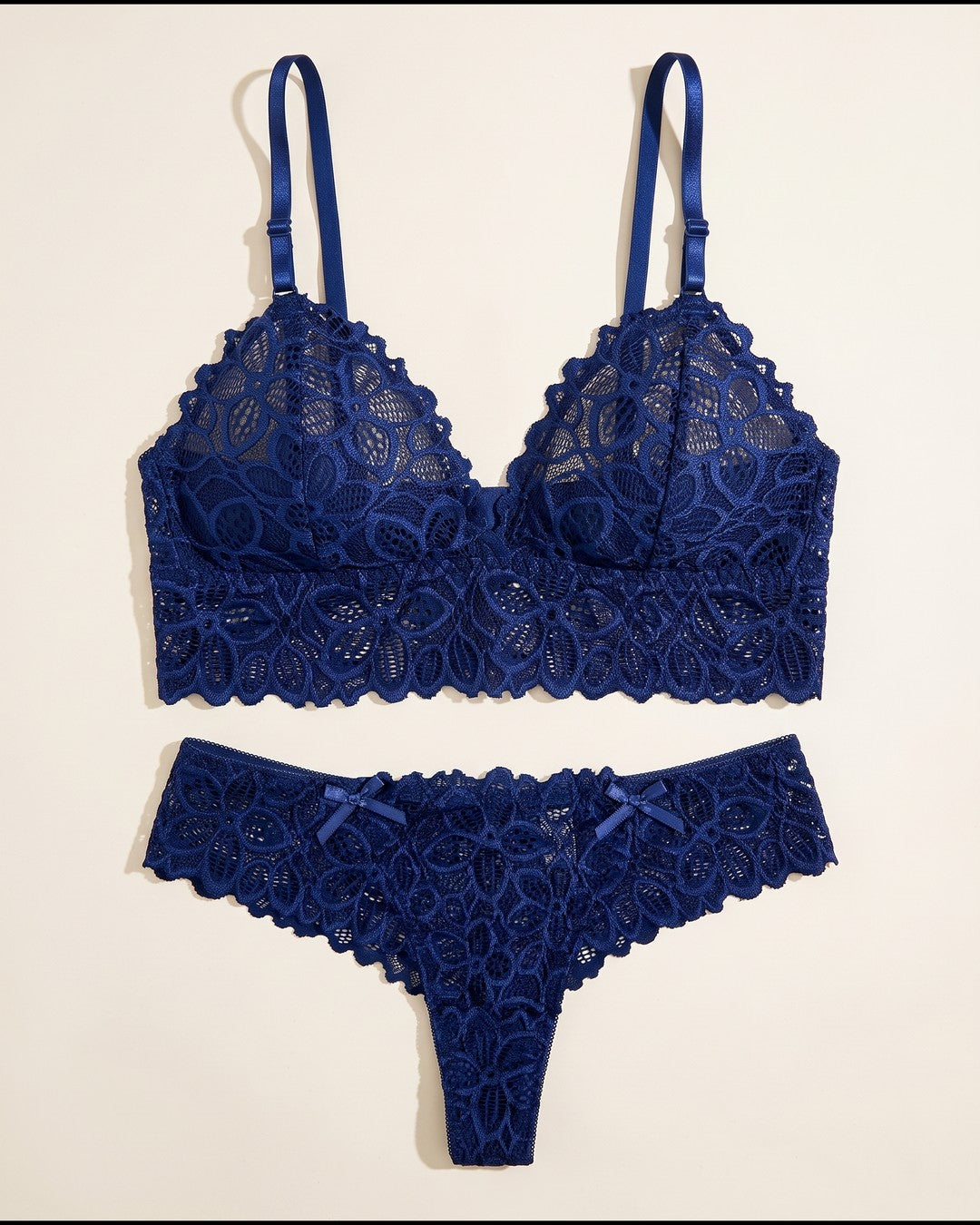 Scalloped Lace Bralette and Thong Set in Royal Blue, laid flat to show the full piece.