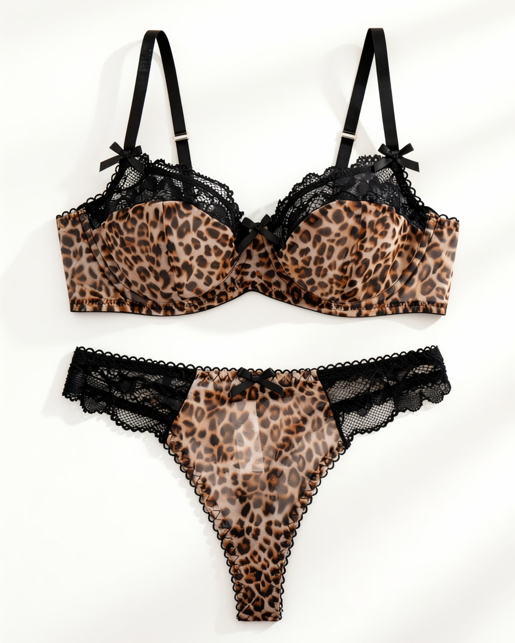 Leopard Print Underwire Bra and Thong Set, laid flat to show the full piece.