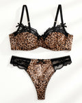 Leopard Print Underwire Bra and Thong Set, laid flat to show the full piece.