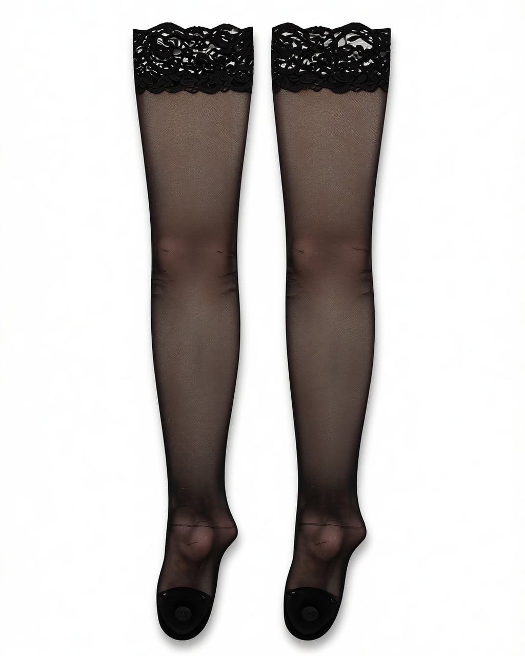 Plus Size Lace Top Thigh-High Stockings in Black, laid flat to show the full piece.