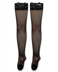 Plus Size Lace Top Thigh-High Stockings in Black, laid flat to show the full piece.