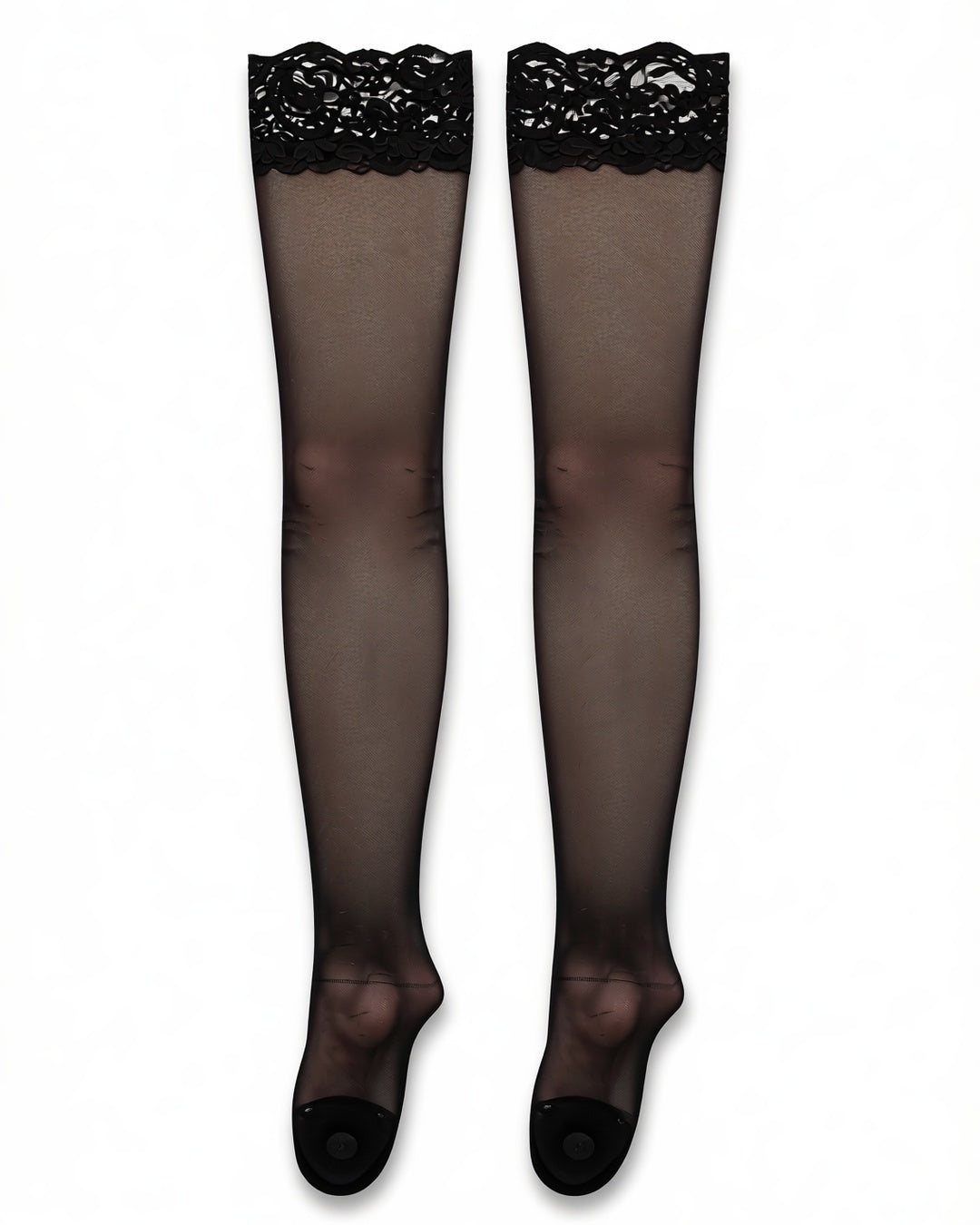 Plus Size Lace Top Thigh-High Stockings in Black, laid flat to show the full piece.