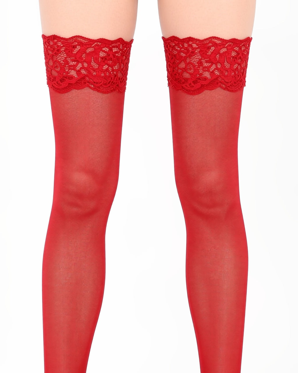 Plus Size Lace Top Thigh-High Stockings, detail close-up of the lace top bands of both stockings on her thighs. onmodel
