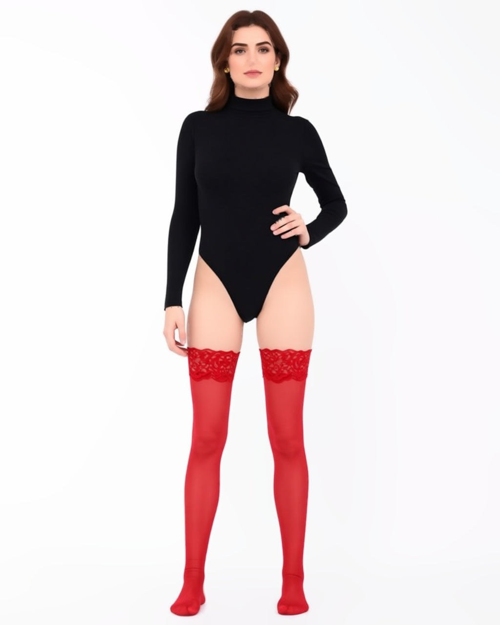 Plus Size Lace Top Thigh-High Stockings in Red, front view on model Layla (EUP-W04). The black bodysuit is styling only. onmodel