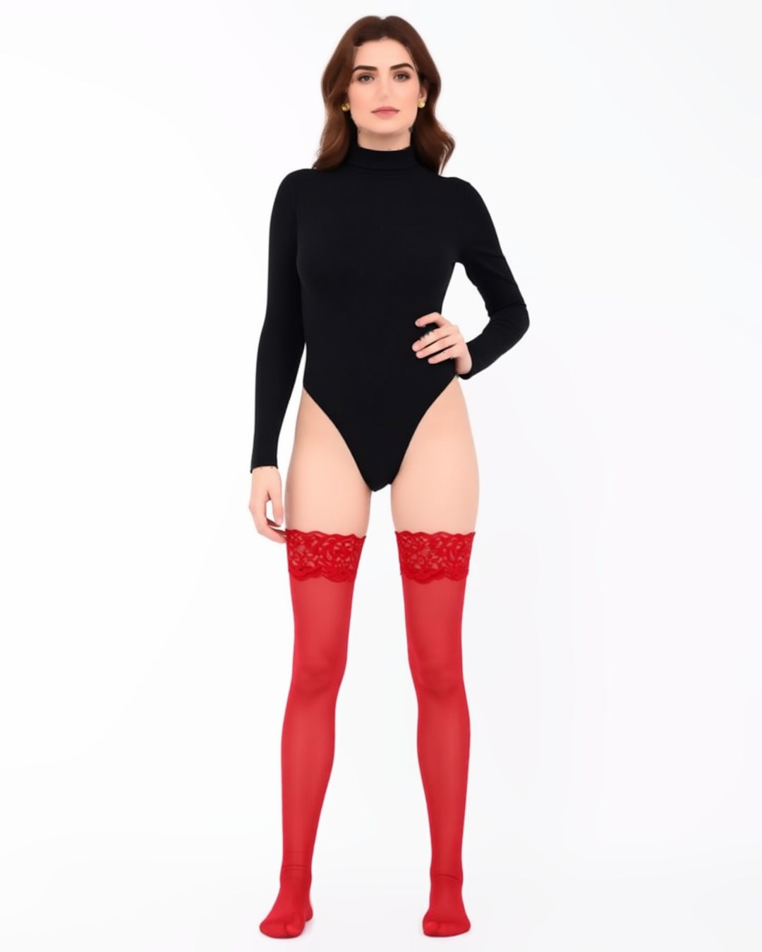 Plus Size Lace Top Thigh-High Stockings in Red, front view on model Layla (EUP-W04). The black bodysuit is styling only. onmodel