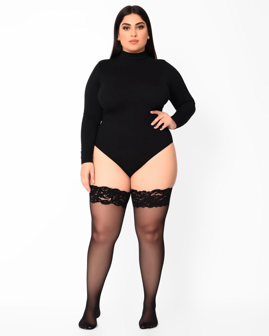 Plus Size Lace Top Thigh-High Stockings in Black, front view on model Reem (EUP-W05). The black bodysuit is styling only. onmodel