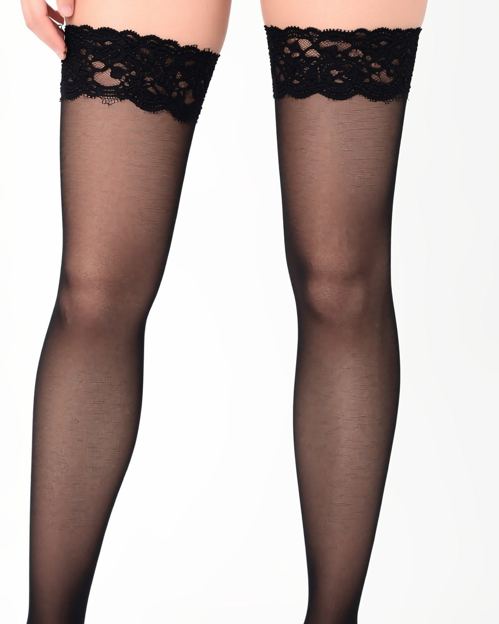Plus Size Silicone Grip Lace Thigh Highs, detail close-up of the lace top bands of both stockings on her thighs. onmodel