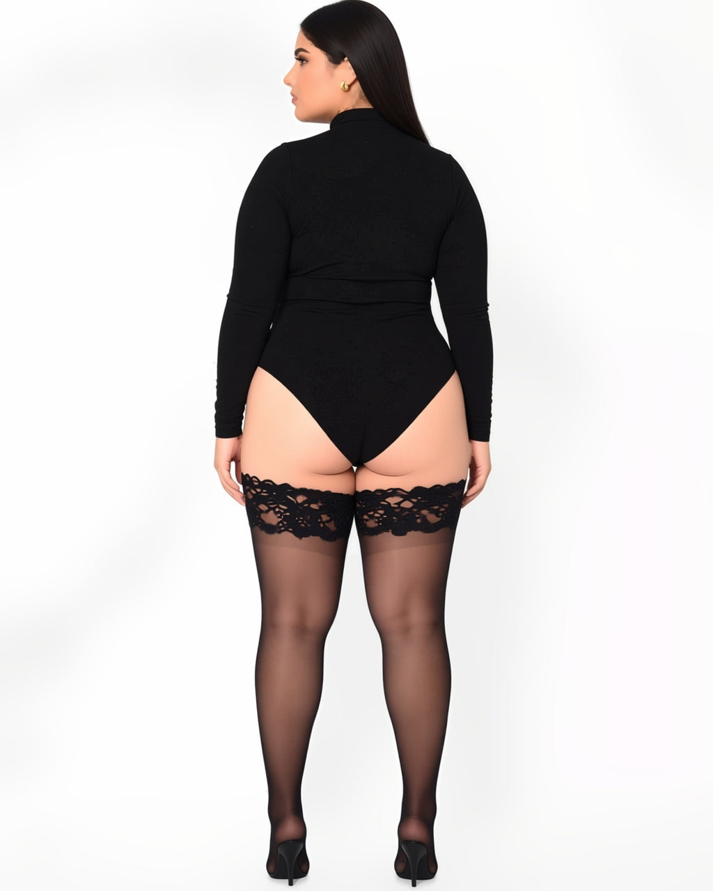 Plus Size Silicone Grip Lace Thigh Highs, back view on model Reem (EUP-W05). The black bodysuit is styling only. onmodel