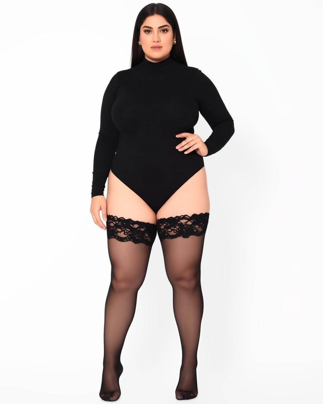 Plus Size Silicone Grip Lace Thigh Highs, front view on model Reem (EUP-W05). The black bodysuit is styling only. onmodel