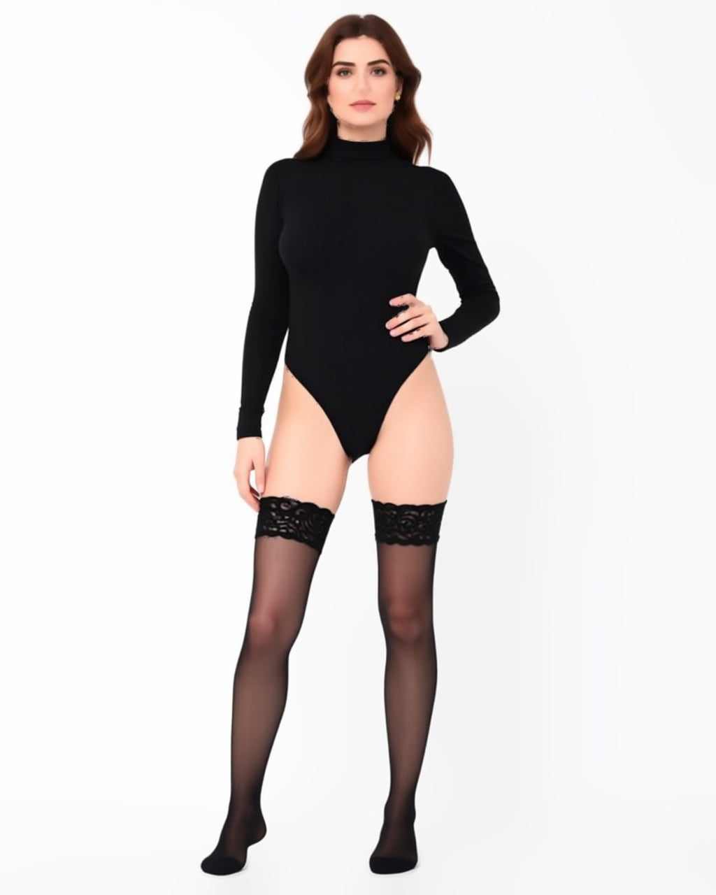 Plus Size Lace Top Thigh-High Socks, 3 Pairs, front view on model Layla (EUP-W04). The black bodysuit is styling only. onmodel