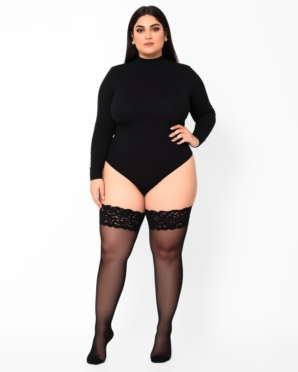 Plus Size Lace Top Thigh-High Socks, 3 Pairs, front view on model Reem (EUP-W05). The black bodysuit is styling only. onmodel
