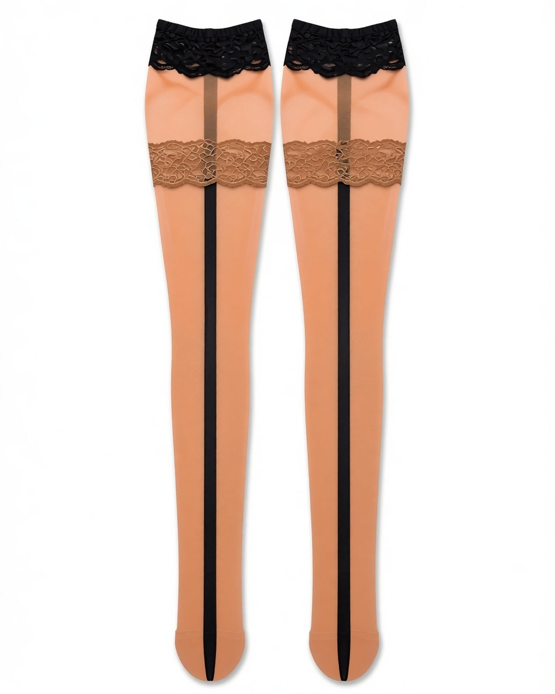 Back Seam Lace Top Stay-Up Stockings in Apricot, Plain Top, laid flat to show the full piece.