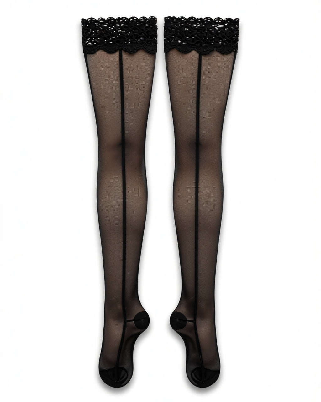 Back Seam Lace Top Stay-Up Stockings in Black, Lace Top, laid flat to show the full piece.