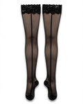 Back Seam Lace Top Stay-Up Stockings in Black, Lace Top, laid flat to show the full piece.