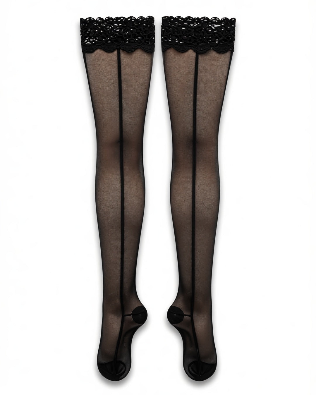 Back Seam Lace Top Stay-Up Stockings in Black, Lace Top, laid flat to show the full piece.