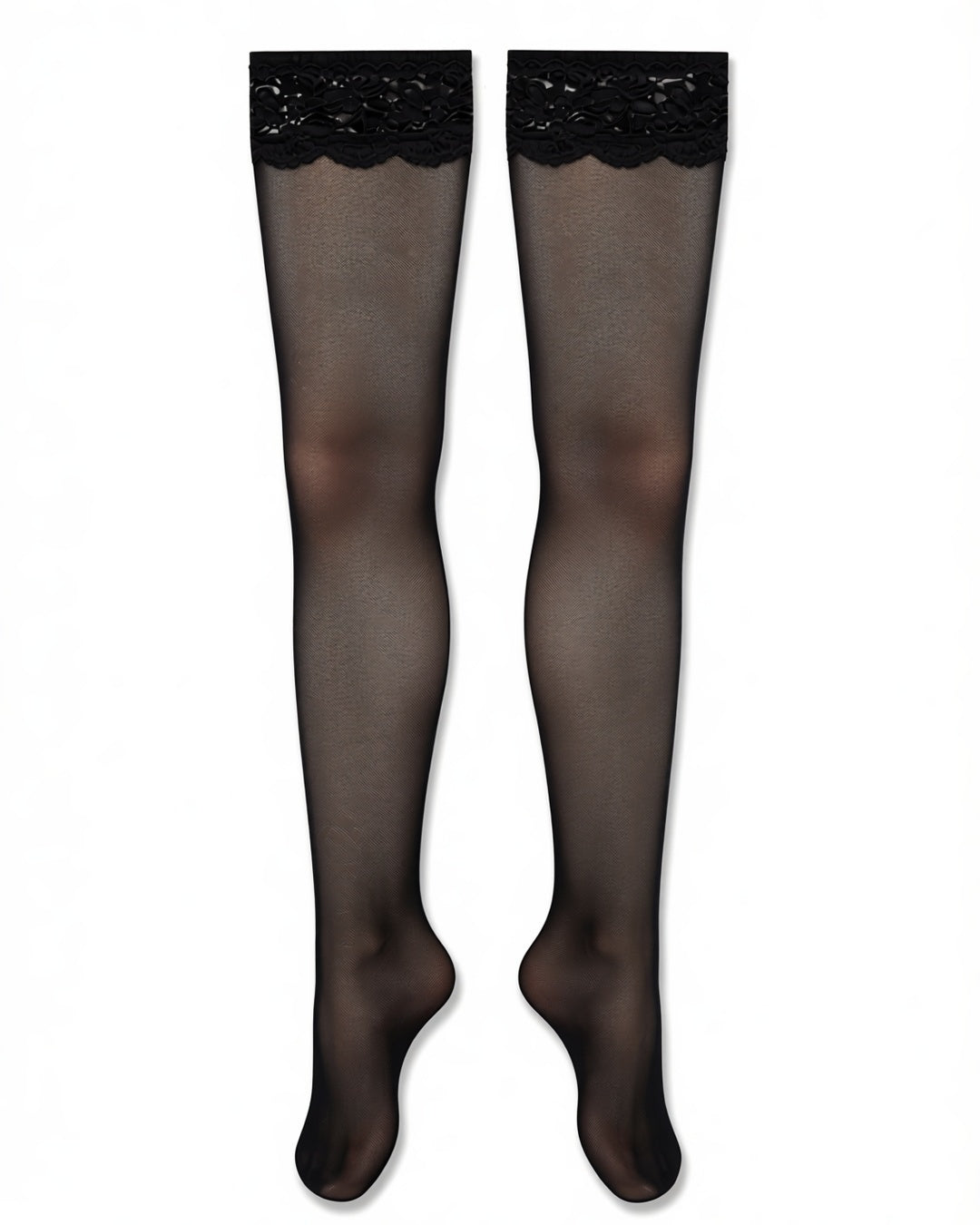 Back Seam Lace Top Stay-Up Stockings in Black, Plain Top, laid flat to show the full piece.